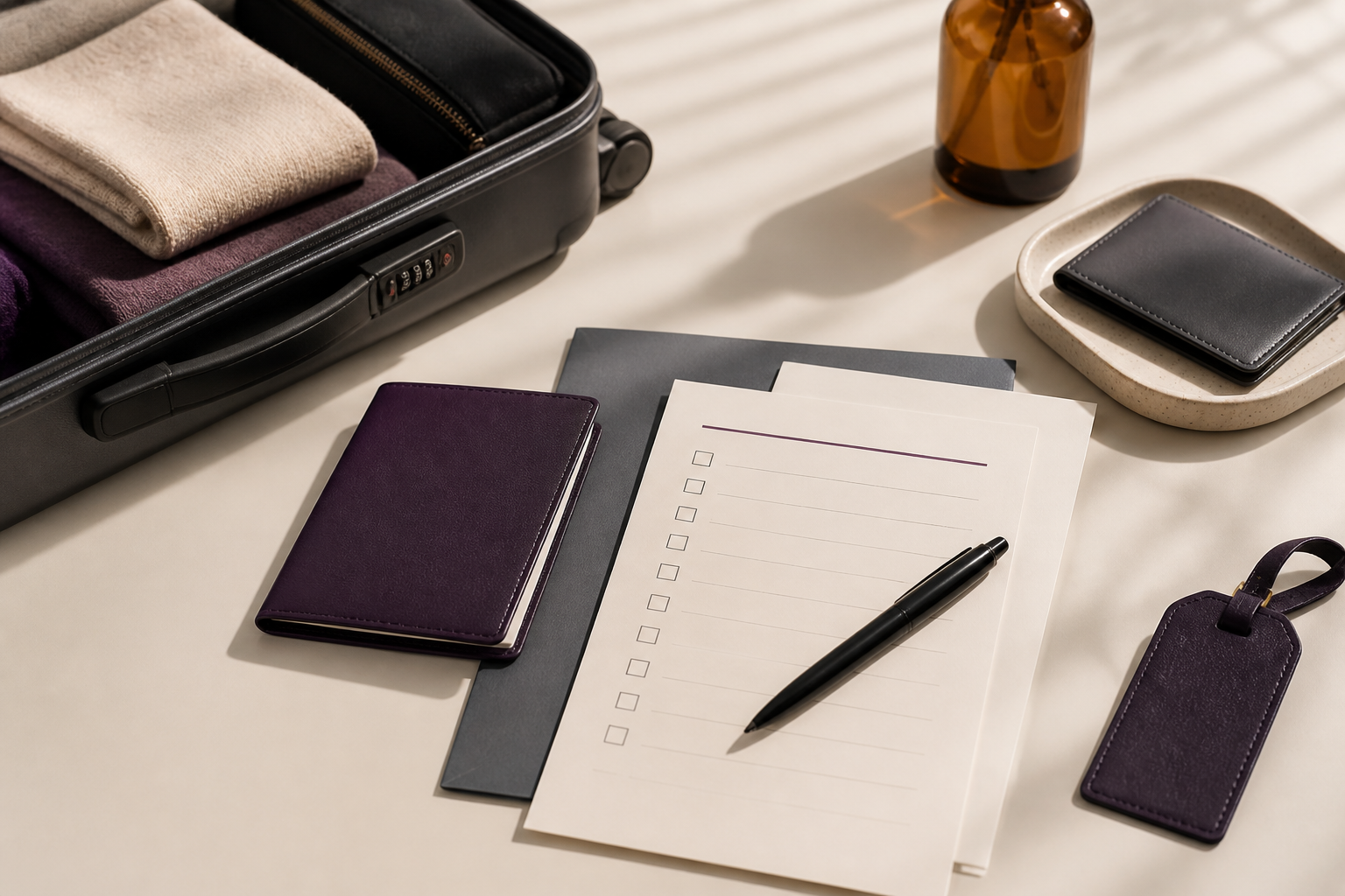Prepared suitcase, passport cover, and departure checklist